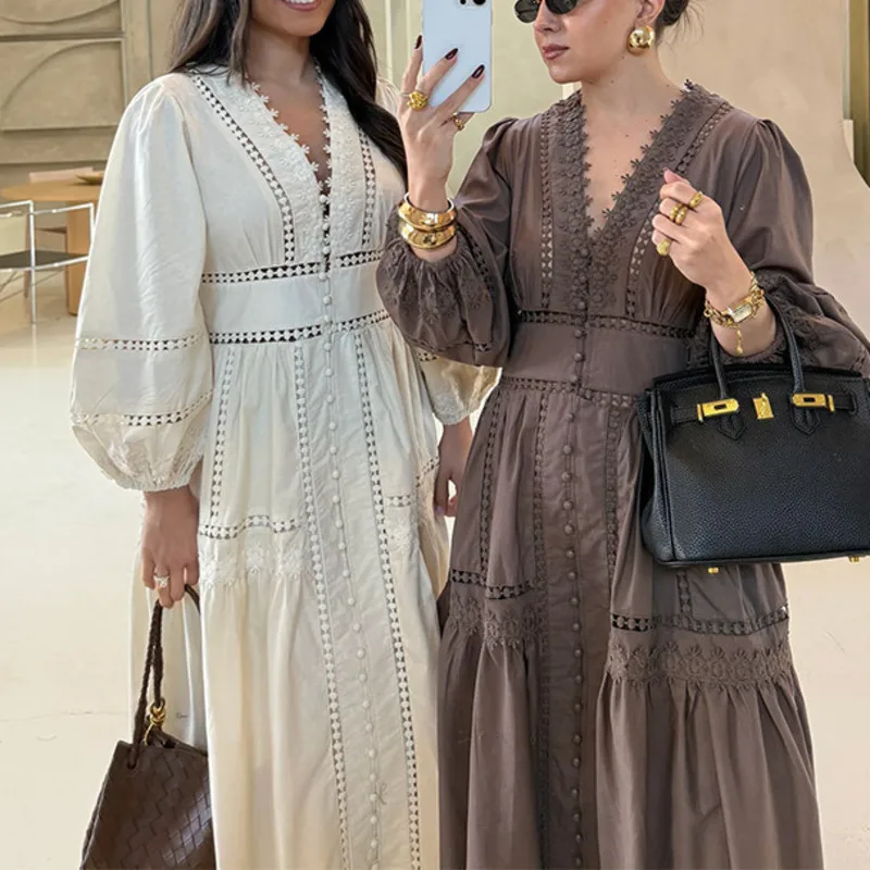 EAEOVNI 2026 Wiosenna Nowa Sukienka Damska z Wycięciami, Dekolt w Serek, Rękawy typu Latarnia, Krój A, Sukienki w Jednolitym Kolorze, Modna Odzież