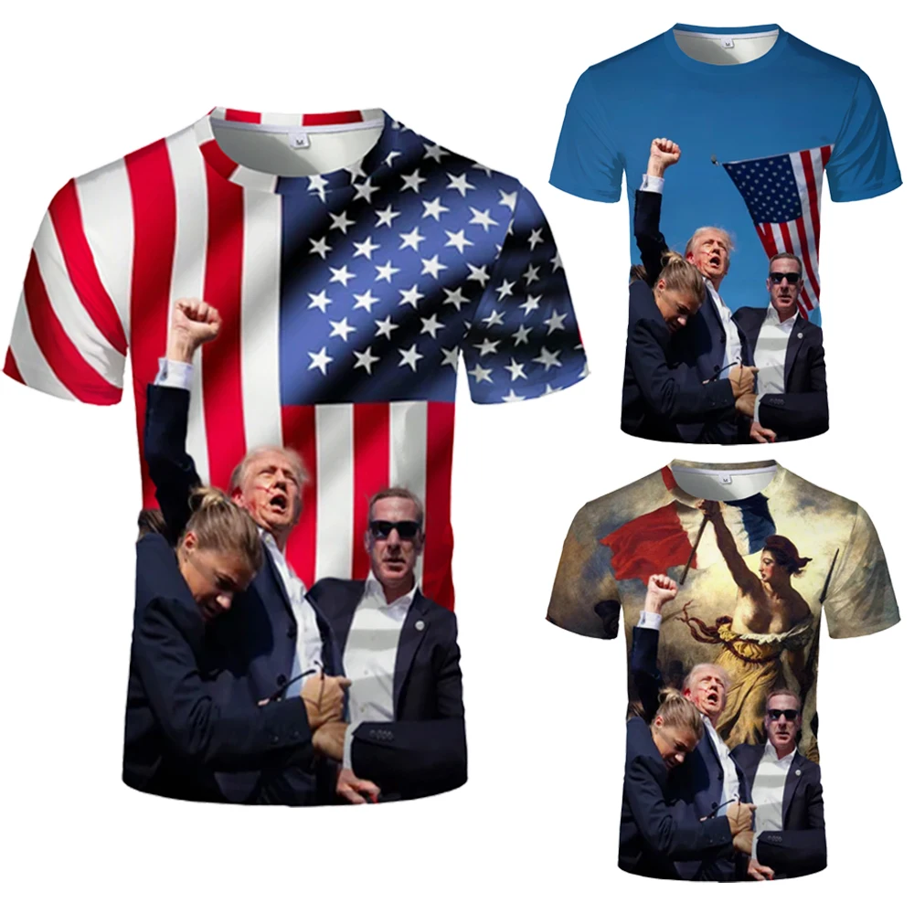 

Donald Trump 2024 Rally Raised Fisting Never Surrender T Shirt American Flag President Fists Men T-shirt Funny Shooting Tops Tee