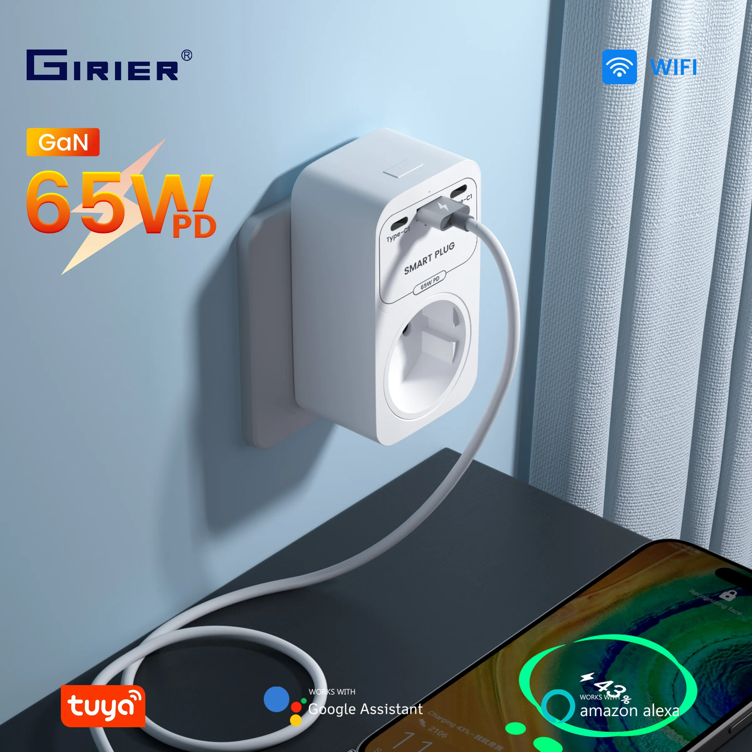 GIRIER Tuya Smart WiFi Power Plug with GaN Fast Charger 65W PD Fast Charging USB-A USB-C Ports EU/FR/UK/US Plug Works with Alexa