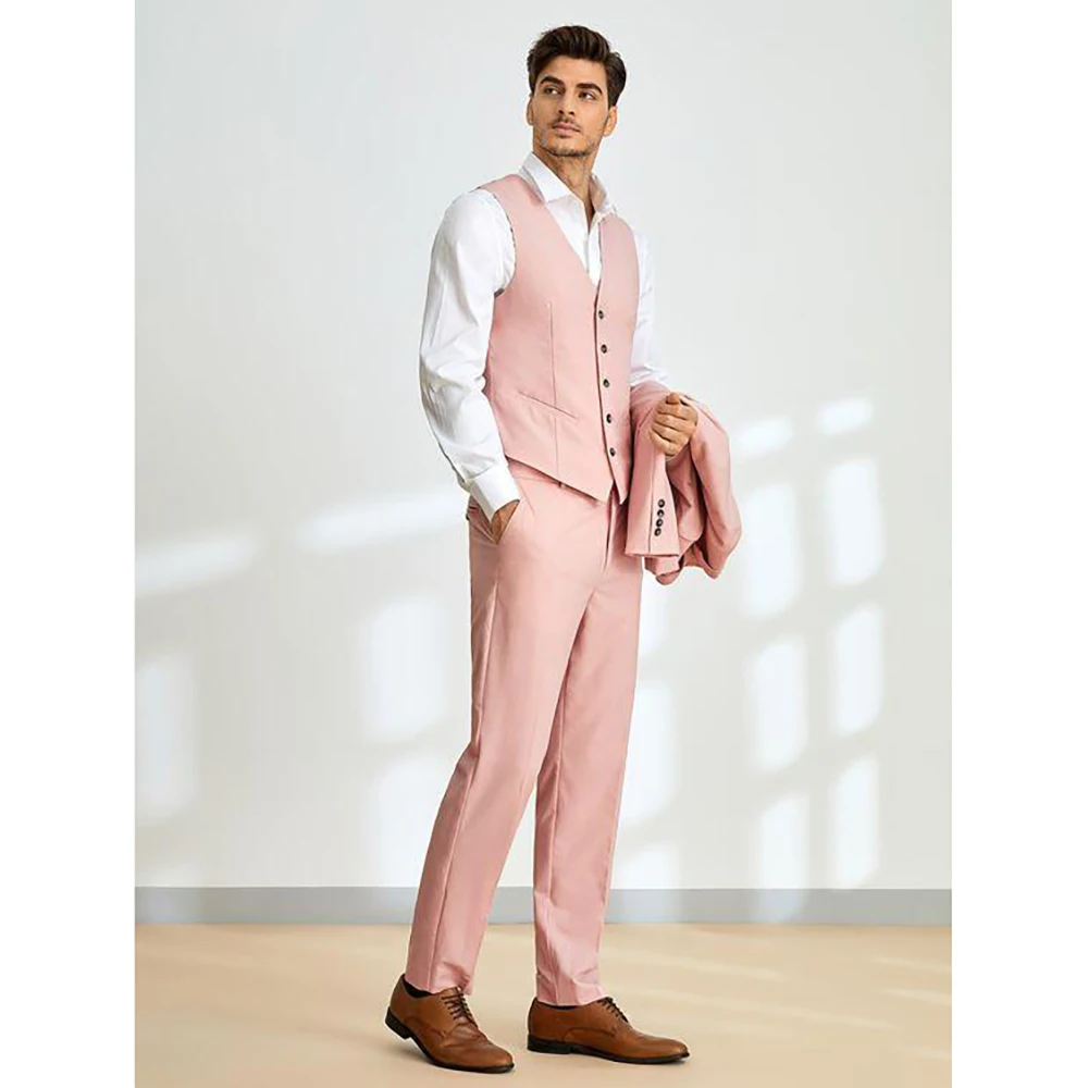 

Elegant Pink Slim Fit Men Suit Three Pieces(Jacket+Pants+Vest) Lapel Outfits Chic Casual Party Prom Wedding Set