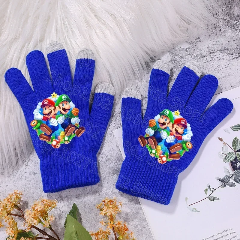 قفازات سوبر ماريو للأطفال قفاز أصابع لطيف للشتاء والرياضات الخارجية والمشي لمسافات طويلة وركوب الدراجات إكسسوارات دافئة هدية تزيين محبوكة