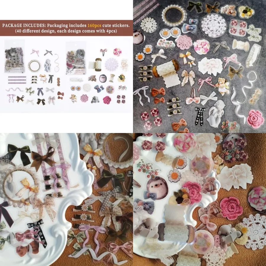 

160PCS Cute Stickers Vintage Ribbon Lace Knitting Bear Scrapbook Sticker Bow Home Decorative Decals for Scrapbooking Journaling