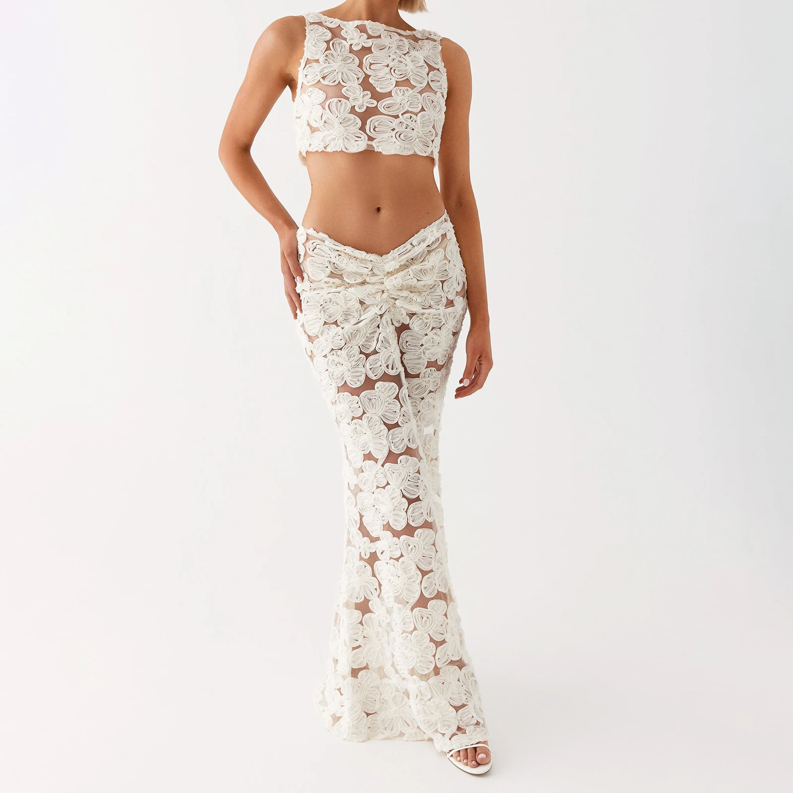 

2025 Women's 2 Piece Skirts Outfits Flower Embroidery Hollow Sleeveless Tank Tops Low Waist Long Skirts Clothes Set