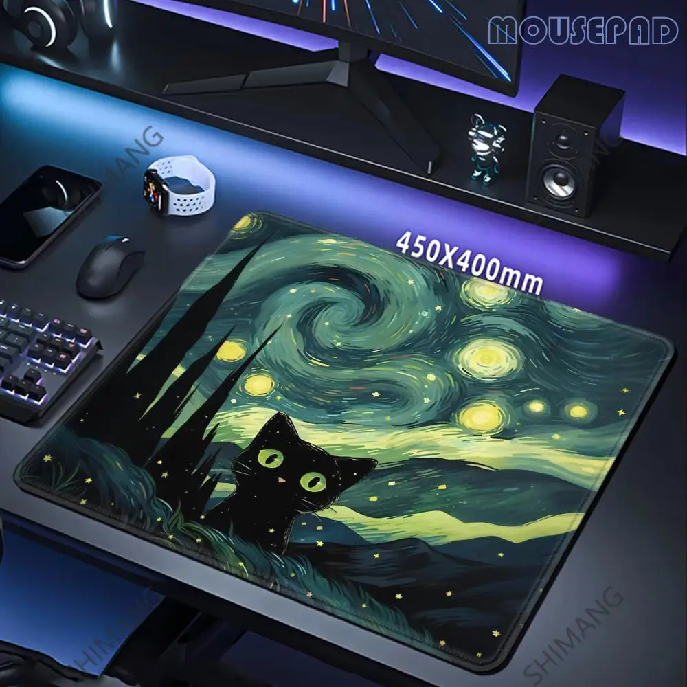 

Starry Night Black Cat Small Mouse Pad Van Gogh's Desk Mat Desktop Computer Keyboard Wireless Mouse Boy Girl Gift for Play games