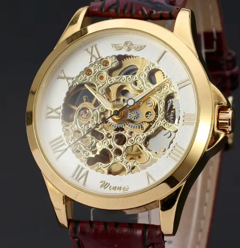 

T-WINNER Elegant Black Leather Automatic Golden Skeleton Rome Dial Mechanical Clock Classic Men Women Business Wrist Watch