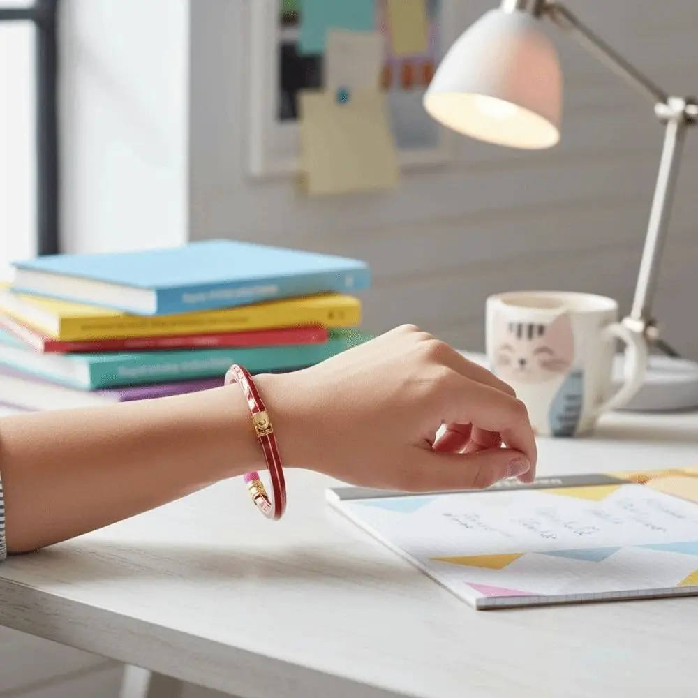 Vibrant Color Enamel Pencil Shaped Bracelet C-Shaped Open Cuff Cute Eraser Detail Enamel Cuff Bangle Polished Glossy Finish