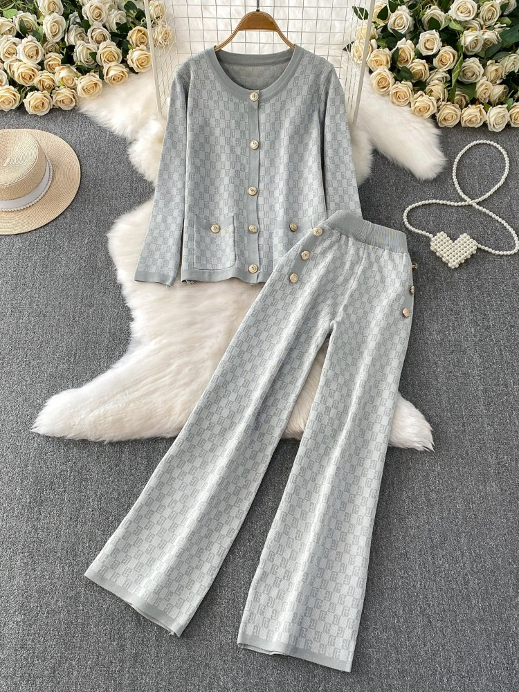 

Small fragrant style plaid patterned design metal buckle round neck jacket+high waist slimming and wide leg pants set