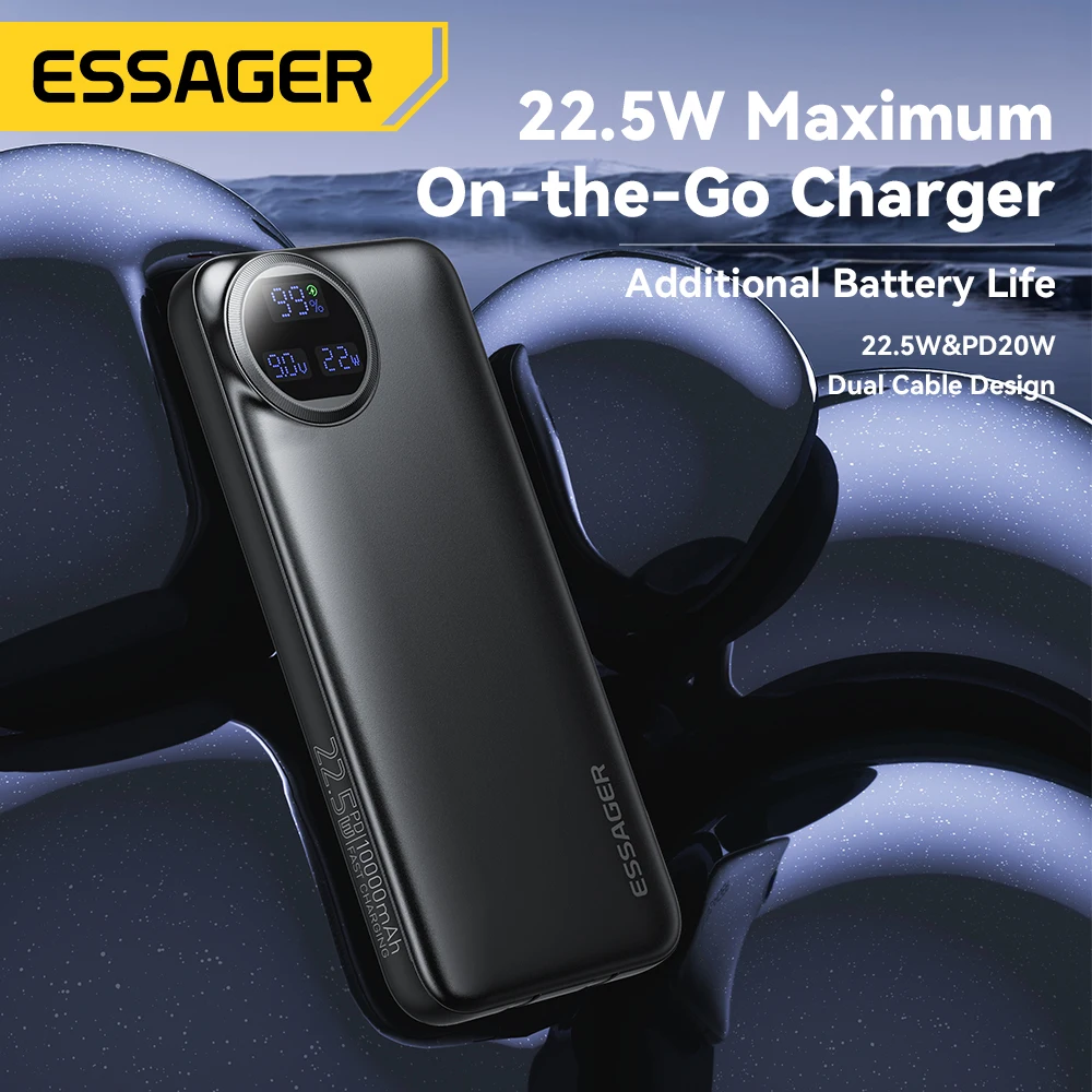 Essager Power Bank 20000mAh Portable Charger with Built-in Cable Digital Display Battery Capacity 22.5W For iPhone 15 14 13 pro