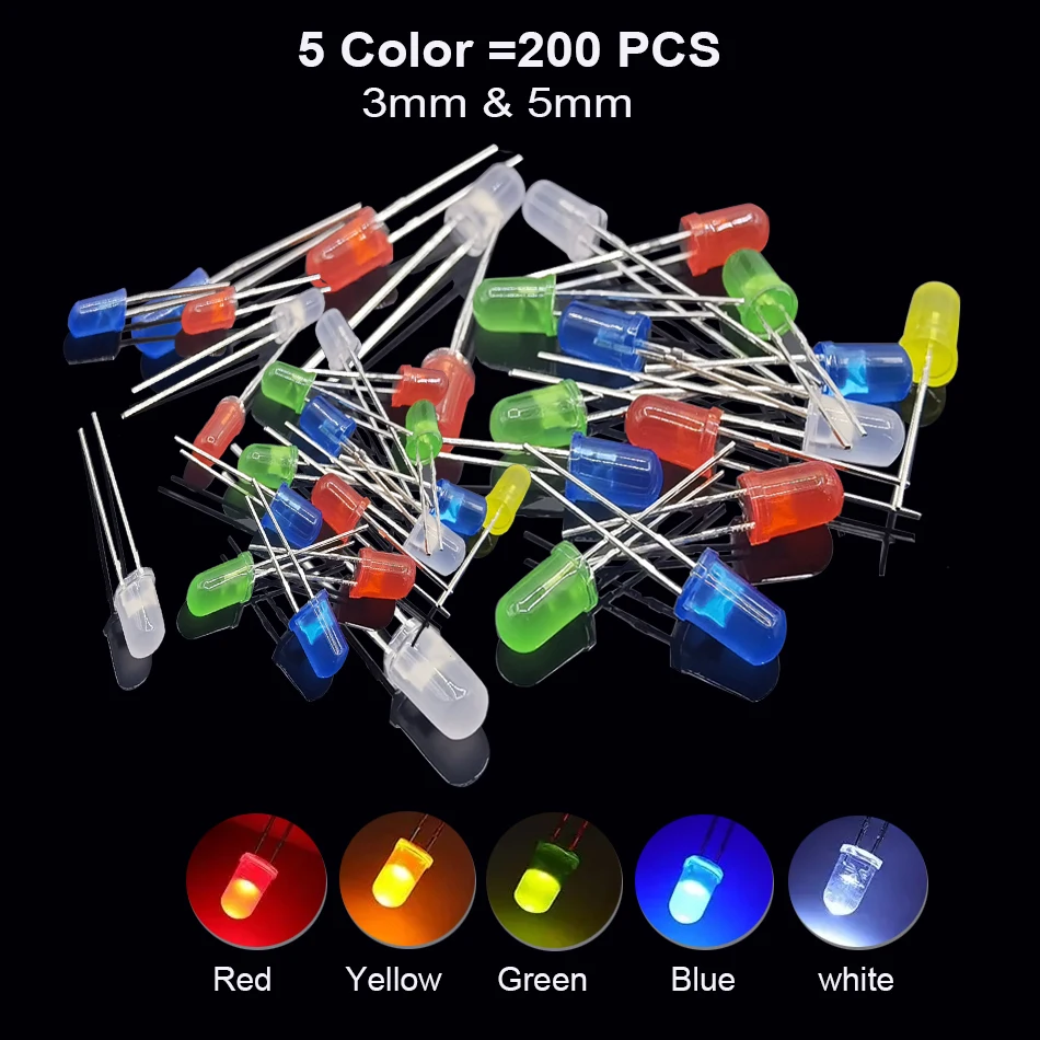 200 Pcs Led Diode kit 3mm 5mm Clear LED Light Emitting Diodes LED Lamp Red Green Blue Yellow White for DIY Science Experiment