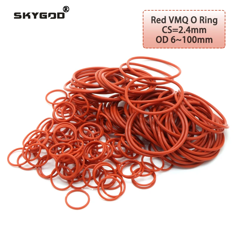 

10Pcs Red VMQ O Ring Seal Gasket Thickness CS 2.4mm OD 6 ~ 100mm Silicone Rubber Insulated Waterproof Washer Round Shape Nontoxi