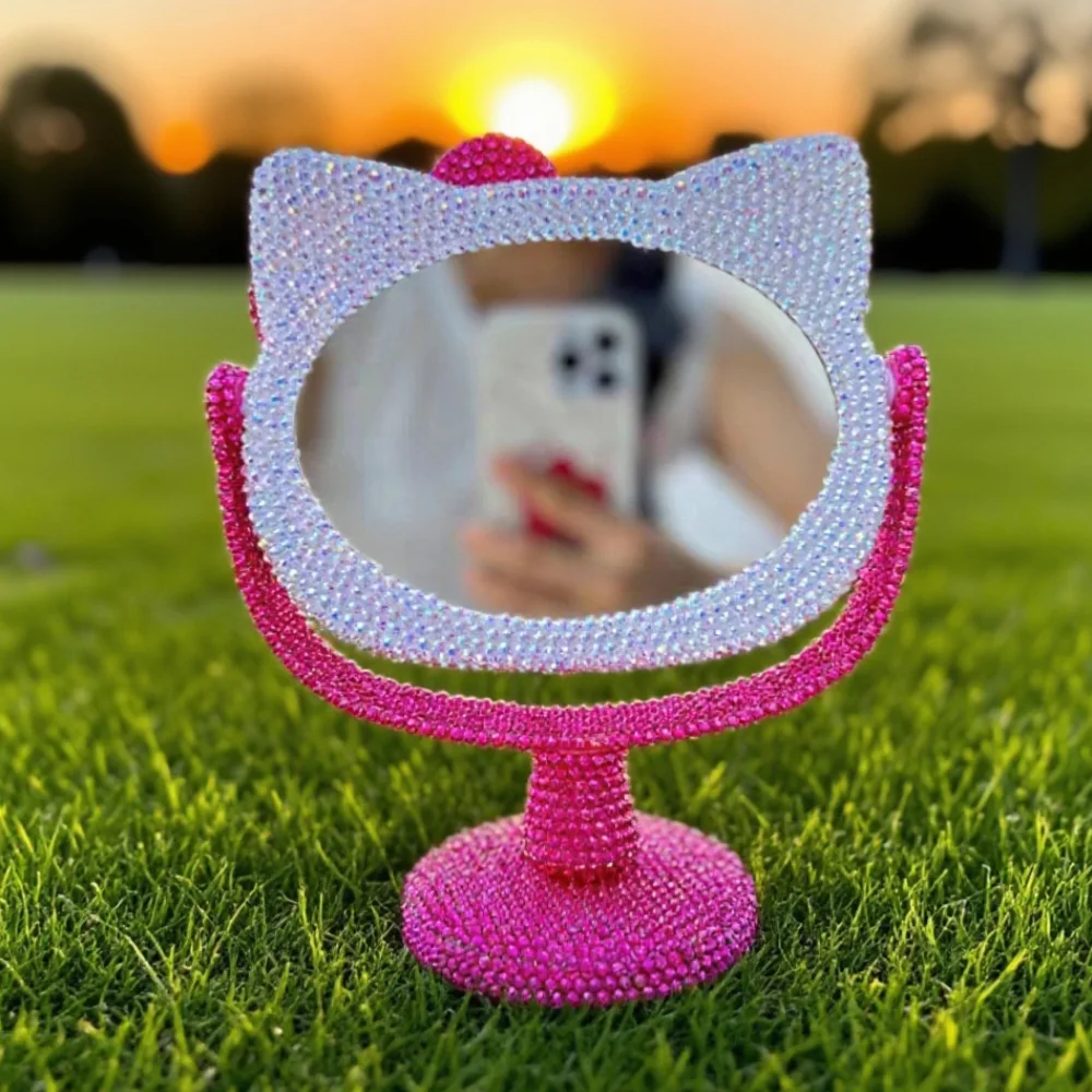 Hello Kitty Kawaii Crystal Mirror Shiny Rhinestones Handheld Mirror Girl Birthday Gift Living Room Decoration