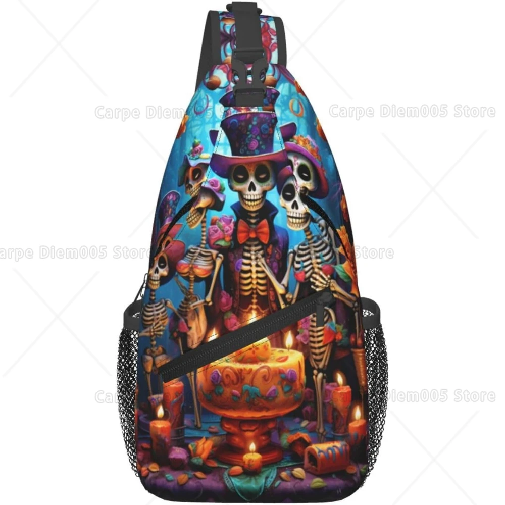 Day of The Dead Rose Sugar Skull Sling Bag Crossbody Sling Backpack for Travel Hiking Daypack Chest Shoulder Bag