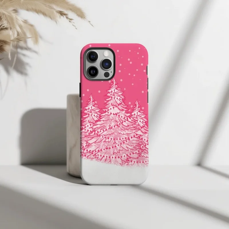 Pink Christmas Holiday Tree Phone Case For IPHONE 16 15PRO MAX 14 13 12 11 Acrylic TPU Two in one magnetic Phone Cases