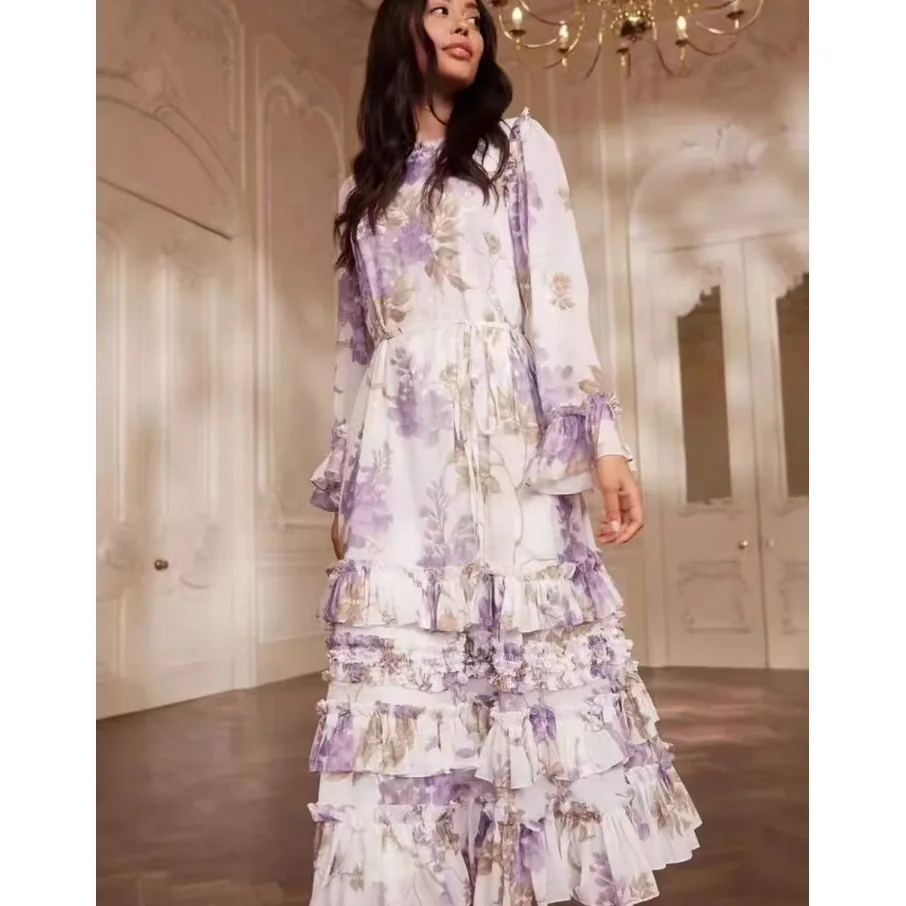 여성 루즈핏 더블 프린트 여름 봄 신상 드레스 휴가 플로럴 프린트 가운 헤비웨이트 코트 스타일 케이크 스커트 롱 슬리브