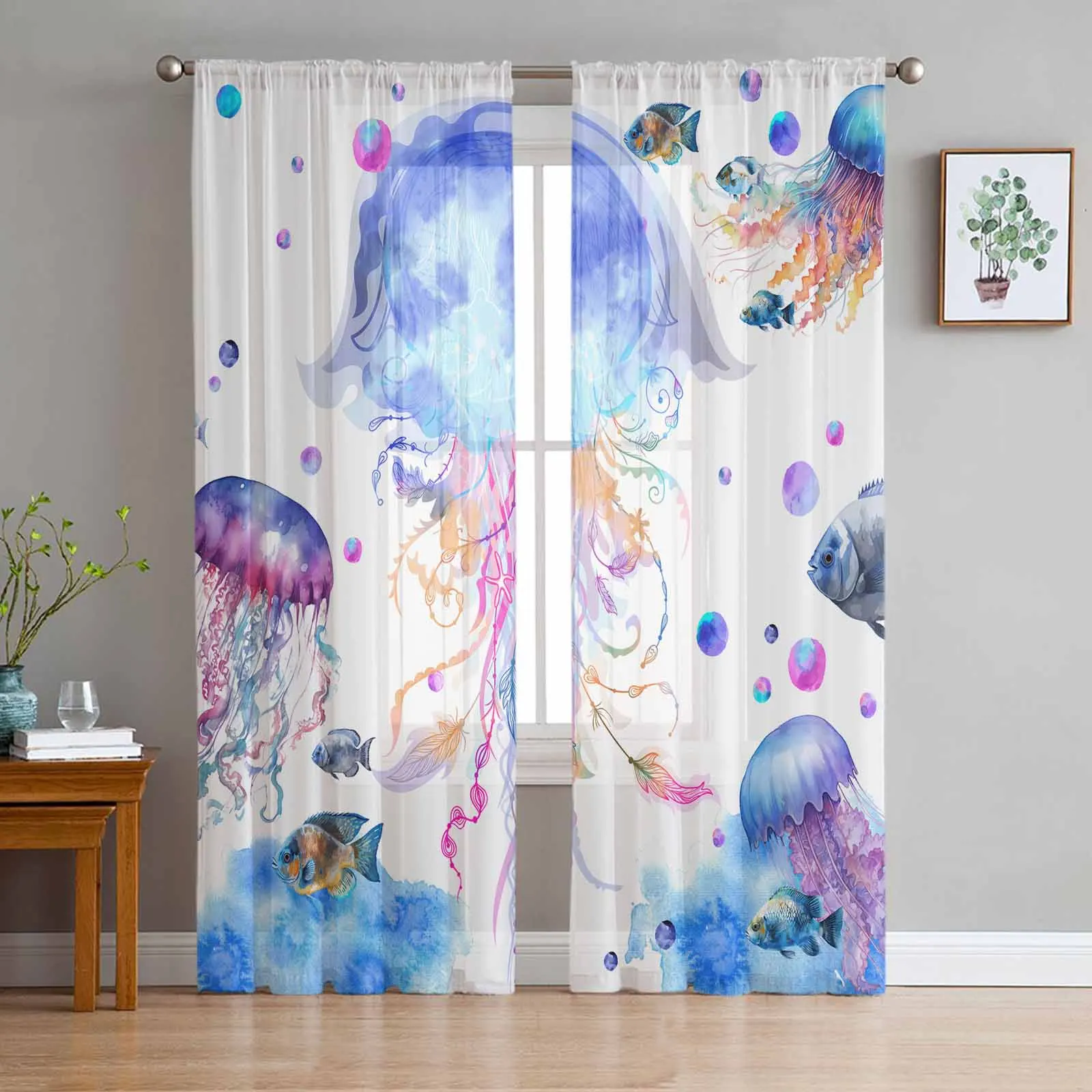 

Summer Sea Life Jellyfish Watercolor Tulle Curtains for Living Room Bedroom Modern Chiffon Sheer Voile Kitchen Window Curtain