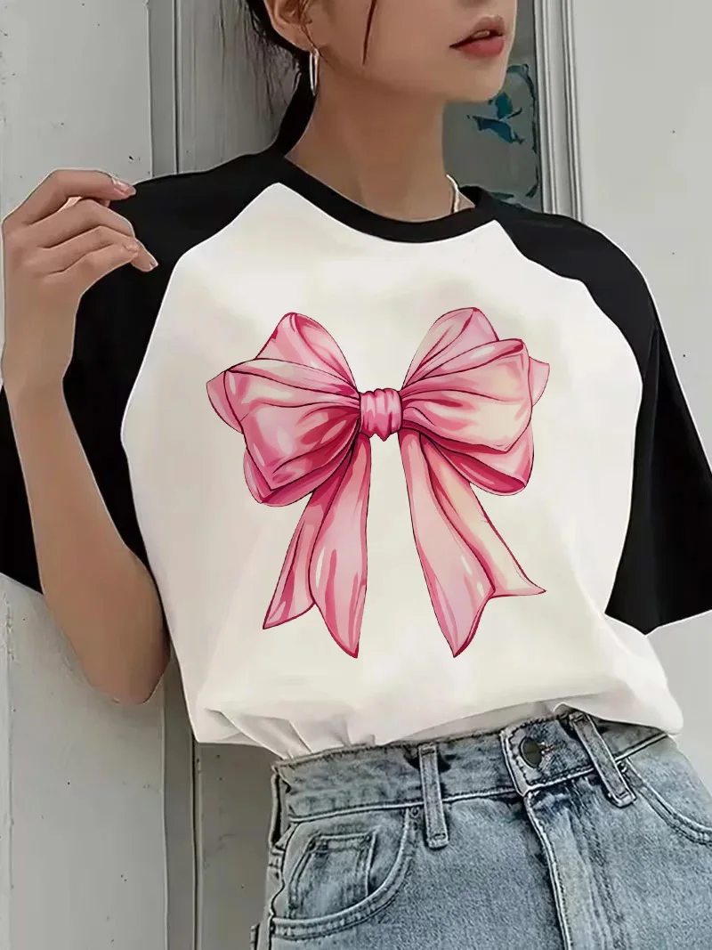 Damen-T-Shirt mit Rundhalsausschnitt und elegantem rosa Schleifen-Print, lässiges Grafik-T-Shirt im 90er-Y2K-Koreanischen Stil, Oberteil, Kleidung