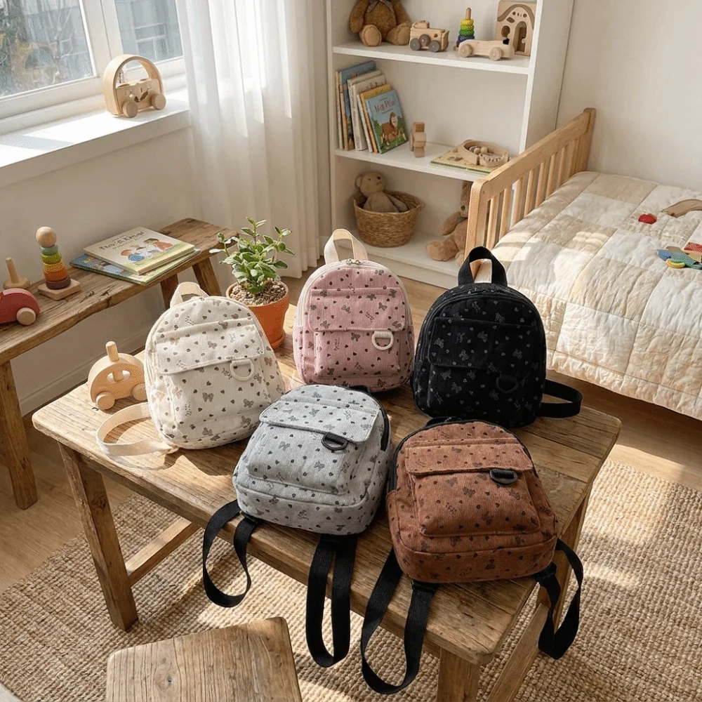 Sweet Corduroy Mini Backpack Heart Bow Print Lightweight Casual Backpack Multi-compartment Zippered Opening Rucksack School