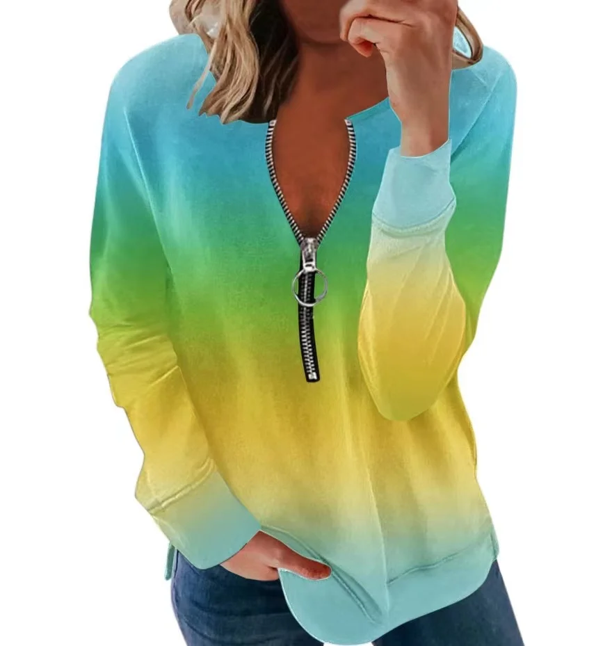 

Round Neck, Spring And Autumn Cross-Border Amazon Color Blocking, Simple Casual Zipper Long Sleeves With Contrasting ColorsWF4