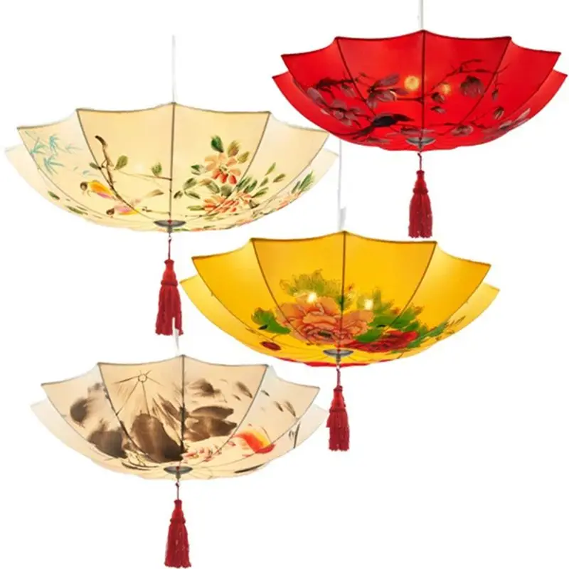 

Hand-painted umbrella fabric antique chandelier hot pot restaurant lamp tea house restaurant decorative lamp pendant light