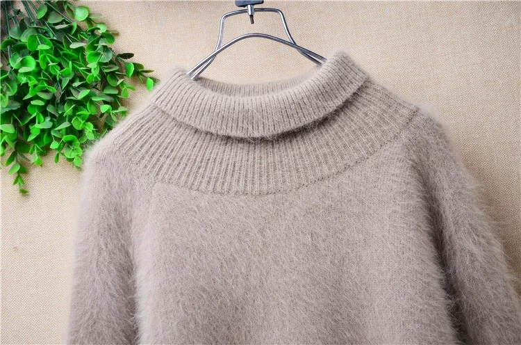 Female Women Fall Winter Thick Warm Hairy Angora Rabbit Hair Knitted Turtleneck Long Sleeves Loose Pullover Sweater Jumper Pull