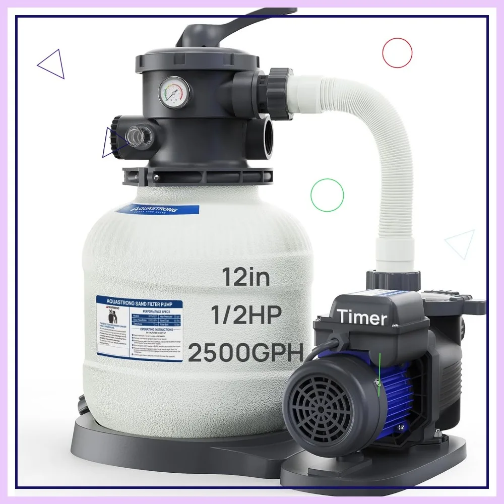 

12in Sand Filter Pump for Above Ground Pool, 9000 GPH, Timer & 6-Way Valve