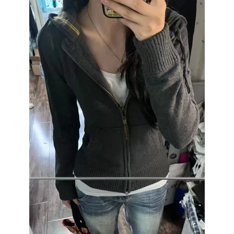 Women Fall Winter Vintage Hooded Knit Cardigan Zip Up Slim Fit Long Sleeve Retro Street Knitted
