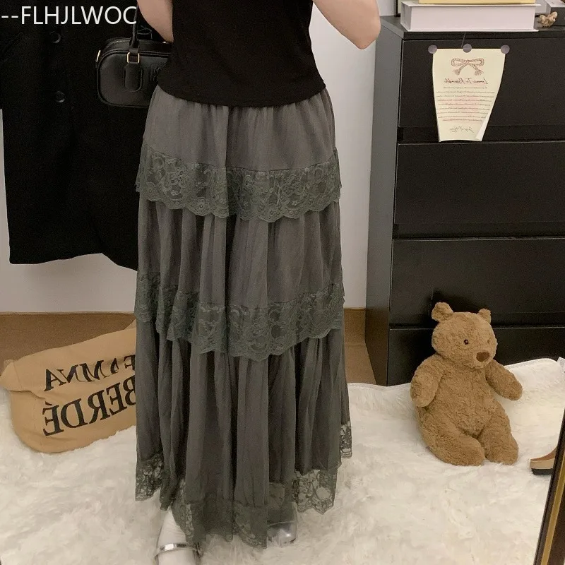 レイヤードレーススカート ロマンチックデート キュートガールズ オールマッチ服 女性 秋 春 透かし彫り フリル ブラックレース ロングマキシスカート