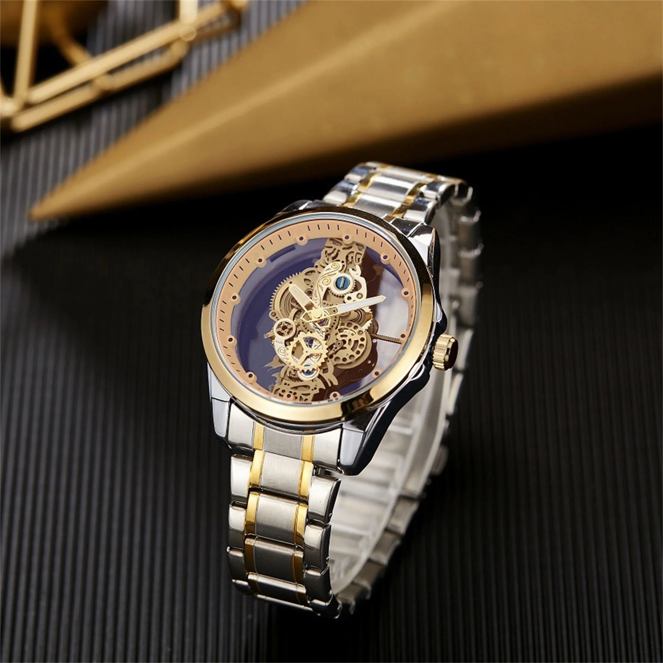 Business Watch Fashion Men\'s Watch 30M Waterproof  Rhinestone Hollow skeleton Stainless Steel watch Strap Quartz Watch A4281