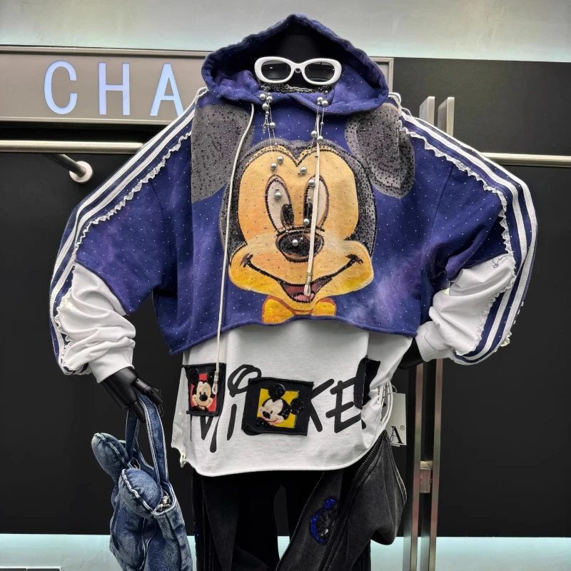 2025 Autumn New Sweet Sweatshirt Jacket Heavy Rhinestone Cartoon Distressed Fake Two-Piece Loose Hooded  Sudaderas For Women