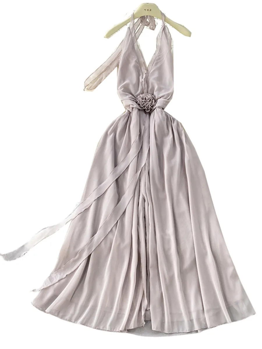 Foamlina praia férias sexy sem costas com decote em v vestido feminino verão 3d floral cinched cintura gravata flor bodycon fenda chiffon vestido