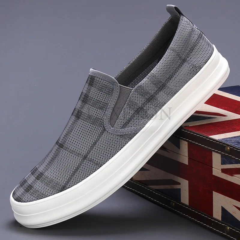 Green Plaid Canvas Sneakers for Men Designer Vulcanized Shoes Casual Breathable Low-top Slip-on Flat Shoes Zapatillas De  Hombre