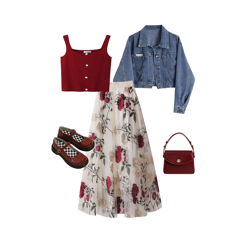 Atemberaubendes Frühlings-2025, Damen-Jeans-Jaset- und Fufu-Rock-Set, wunderschönes T-Shirt, bezauberndes Outfit, leicht, ausgereift