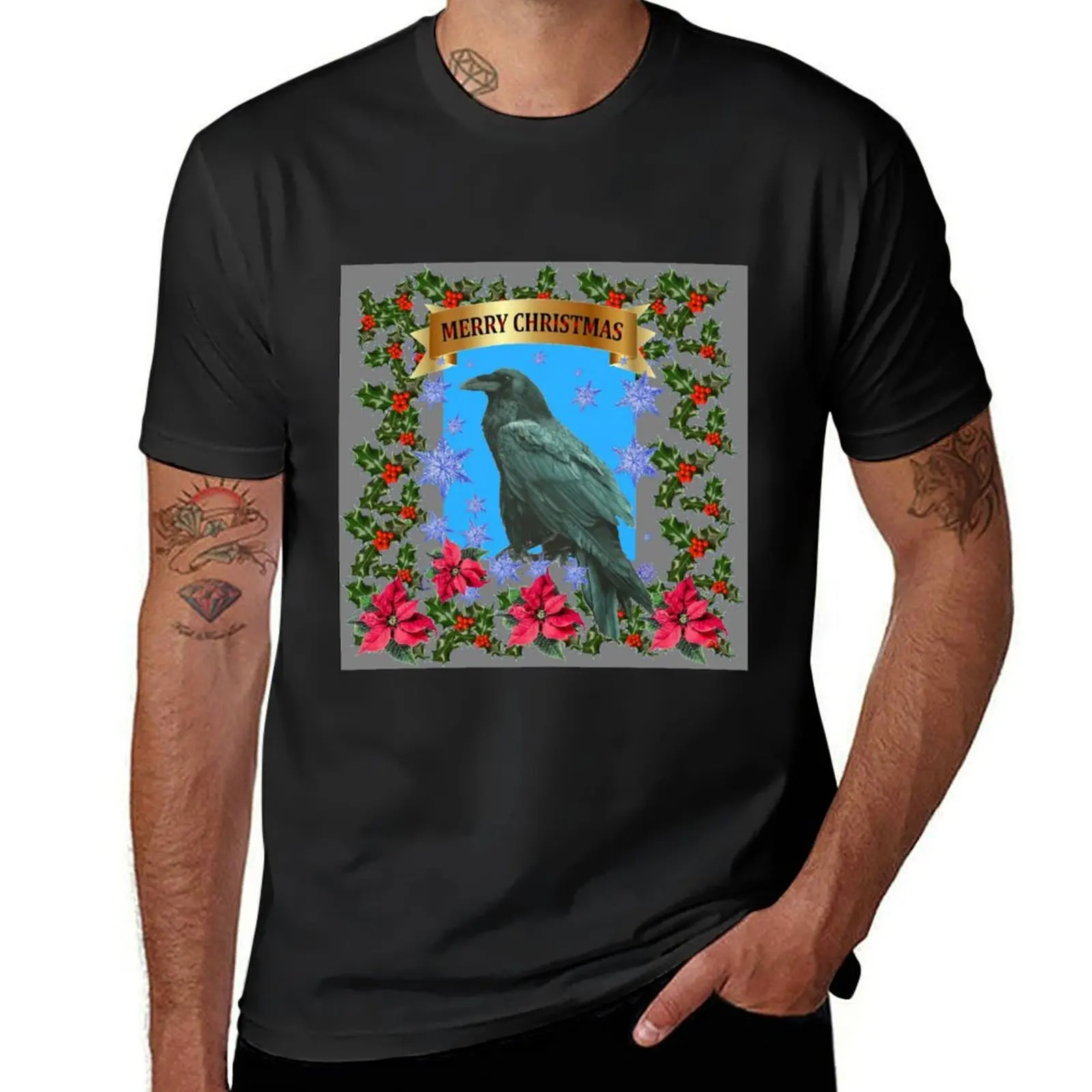 BLACK RAVEN MERRY CHRISTMAS HOLLY POINSETTIAS HOLIDAY ART, T-Shirt anime clothes blacks vintage clothes men workout shirt