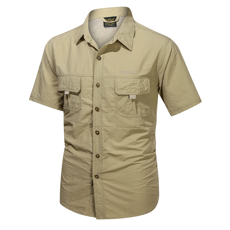 2024 Summer New Fashion Men Short Sleeve Solid Color Military Shirt Casual Cargo Work Nature Hike Pocket Shirts Male Plain Tops