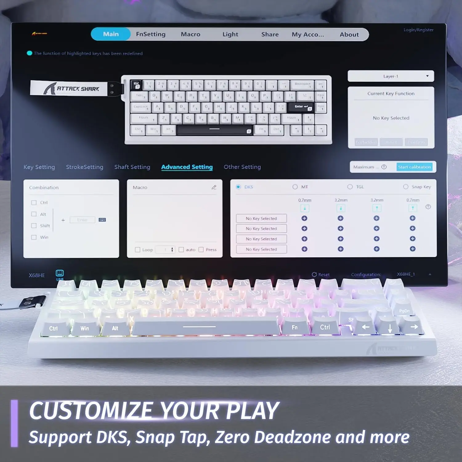 لوحة مفاتيح مغناطيسية ATTACK SHARK X68 HE Rapid Trigger 8 كيلو هرتز، دقة 0.01 مم RT، تخطيط 60%، RGB، تدعم صنبور RT/Snap/DKS/MT/TGL
