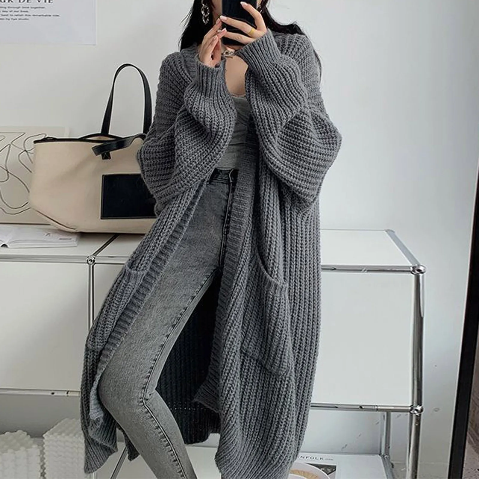 Women\'s Long Cardigan solid color autumn winter clothes Knitted fluffy long sleeve Cashmere sweater coat Lazy style warm vintage