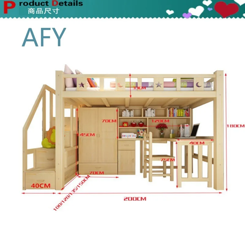 Upper Bed Lower Table Integrated Bed for Kids Solid Wood Elevated Loft Bed with Ladder and Storage Cabinet for Childrens Room