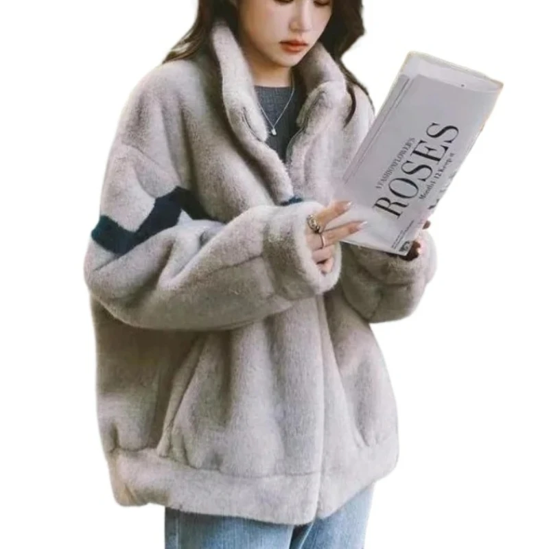 

Winter New Women Imitation Mink Fur Coat Short Fleece-Lined Thicken Warm Stand Collar Outwear Fashion Loose Casual Outcoat