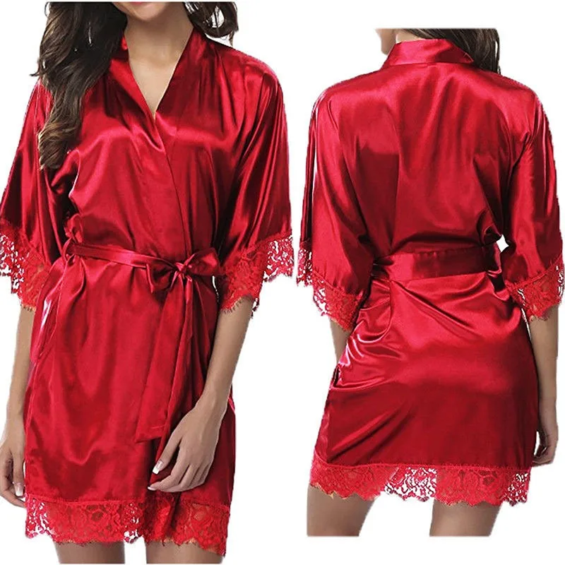 Gown feminino de renda, mini vestido de noite sexy com manga halt, roupão de banho, pijama com cinto, novo