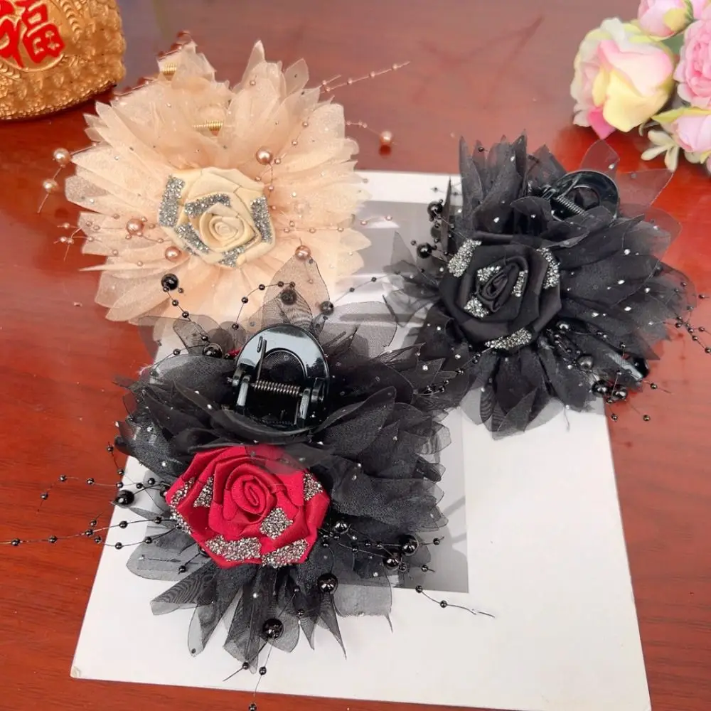 Jepit Rambut Bunga Mawar Modis Jepit Rambut Rumbai Manik Besar Pegangan Klip Hiu Elegan untuk Anak Perempuan