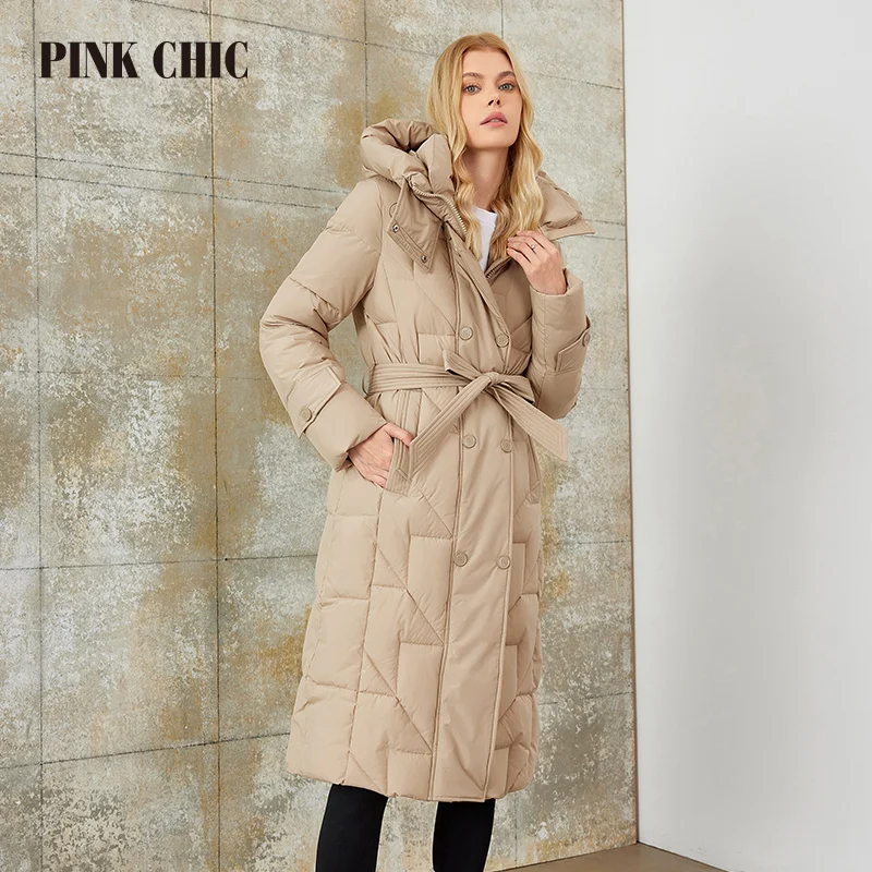 PINK CHIC 2023 Winter Long Thicken Coats Women Down Jackets Classic Belt Warm Hooded Women's Button Casual Parka W6629