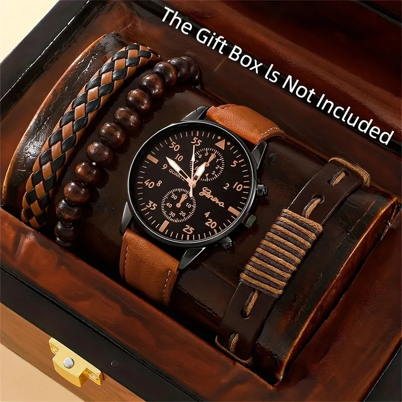 4-piece casual quartz watch set: fashion accessories, vintage bead bracelet braided bracelet, imitation leather watch set