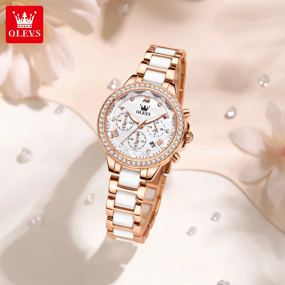 OLEVS 9999 Women Watch Luxury Quartz Wristwatch Ceramic Strap Waterproof Multifunctional Chronograph Ladies Watch Bracelet Set