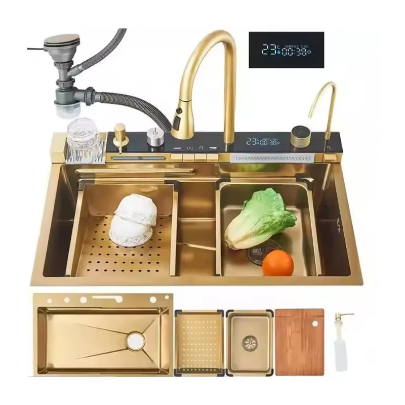 Fregadero de cocina con pantalla Digital, 750x450mm, Bacha inteligente moderna para cocina, grifo de acero inoxidable dorado 304, cuenco individual de cocina de 110mm
