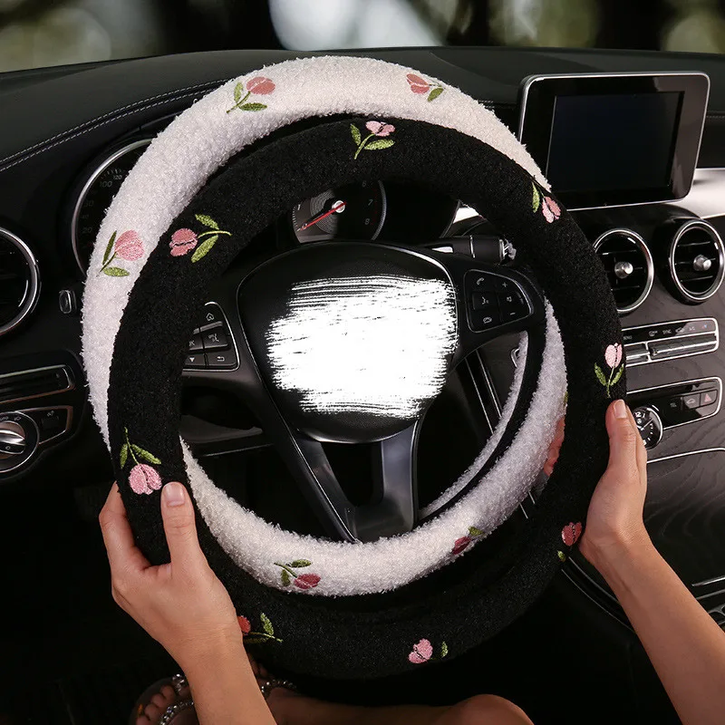 D/O Shape Camellia Flower Soft Plush Car Steering wheel Cover Decoration Style Auto Interior Armrest Pad Cushion Accessories