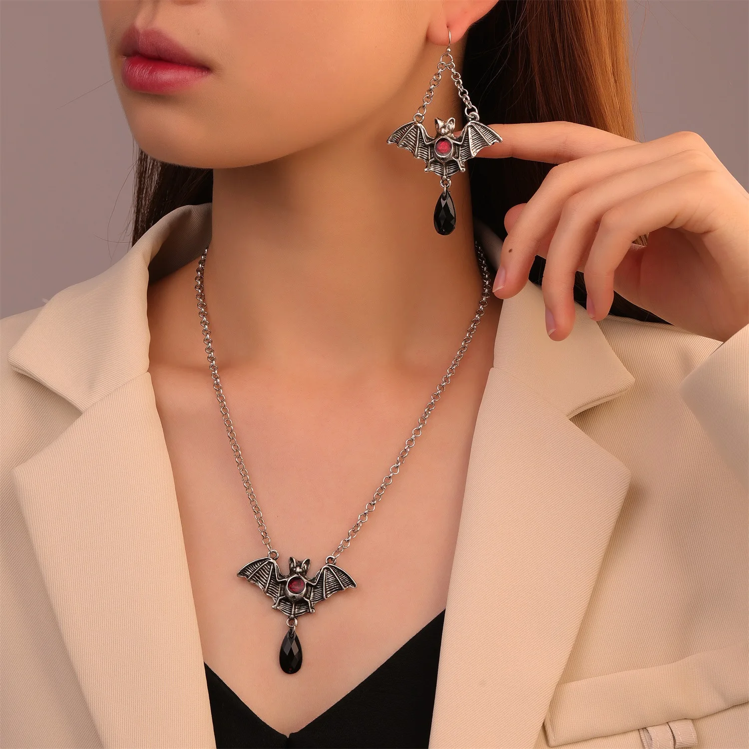 WANZHI New 3pcs Halloween Gothic Style Bat Cross Pendant Jewelry Set Exaggerated Exquisite Ruby Inset Necklace Bracelet Earrings