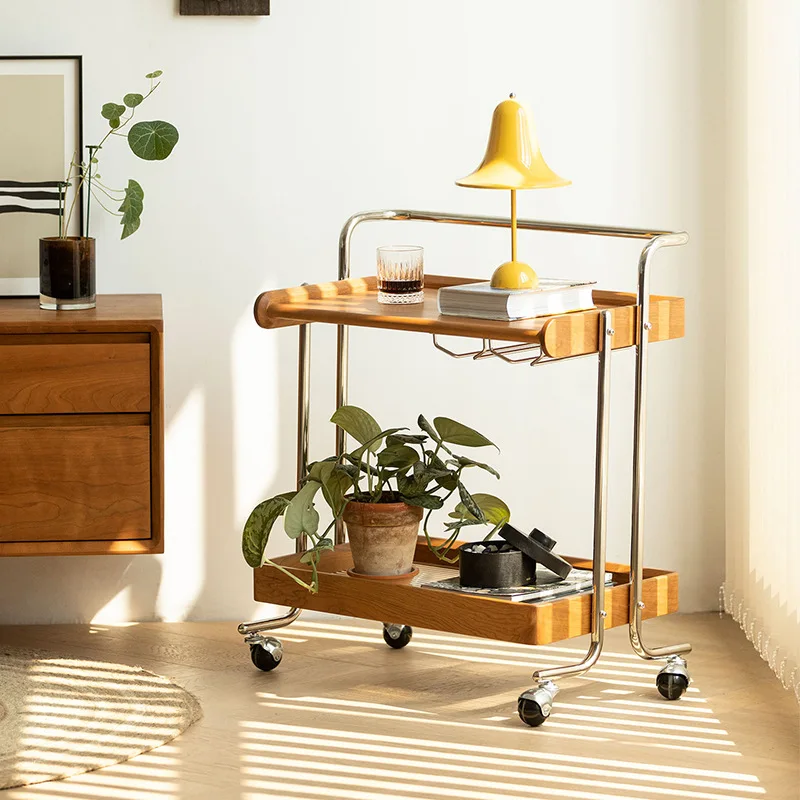 Medieval Trolley Solid Wood Edge Few Living Room Storage Coffee Table Sofa Mobile Cart Cherry Wood Rack