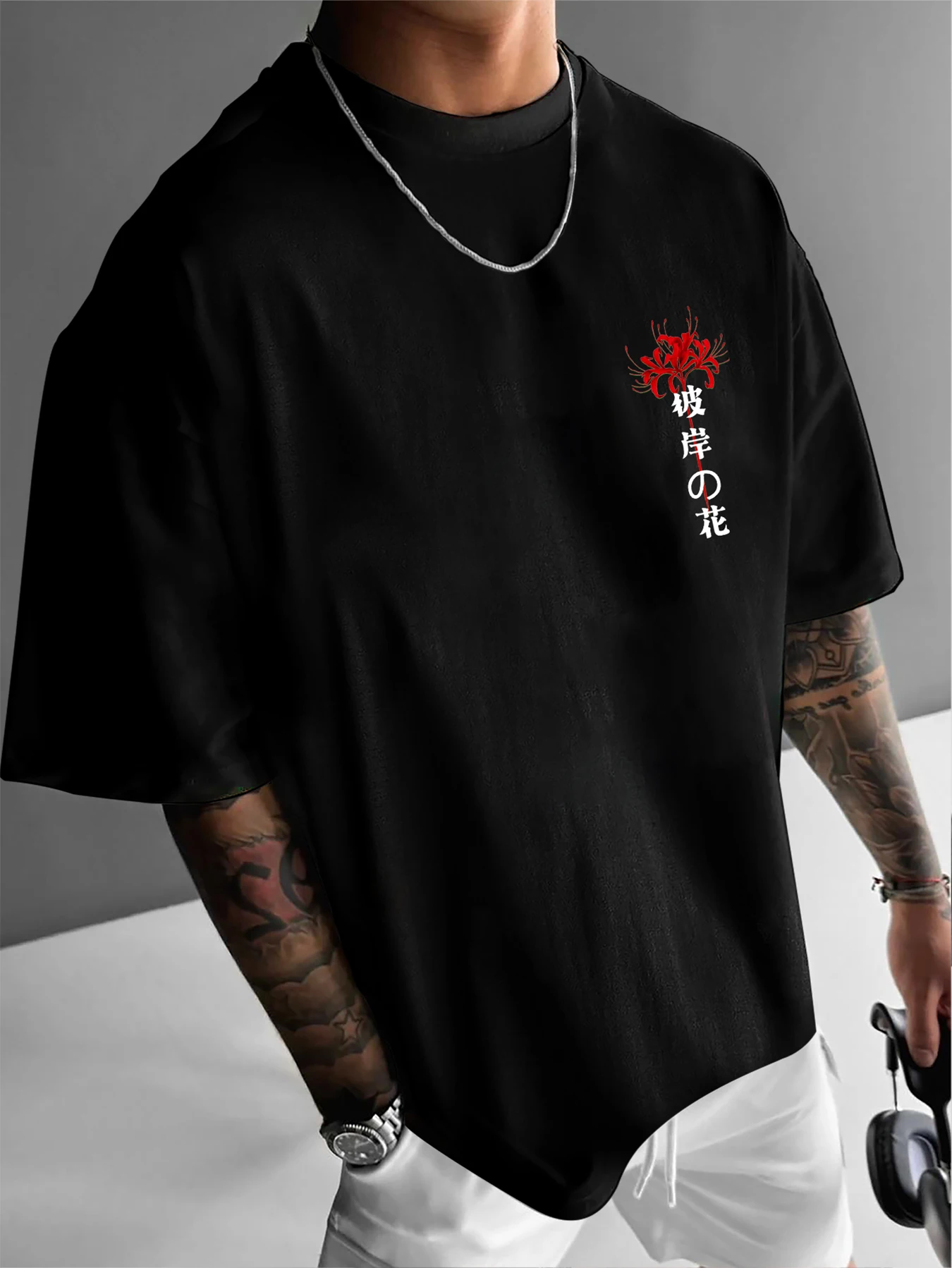 Men Oversized Streetwear T‑Shirt Dark Aesthetic Red Spider Lily Art Back Print Drop‑Shoulder Casual Short Sleeve Tee