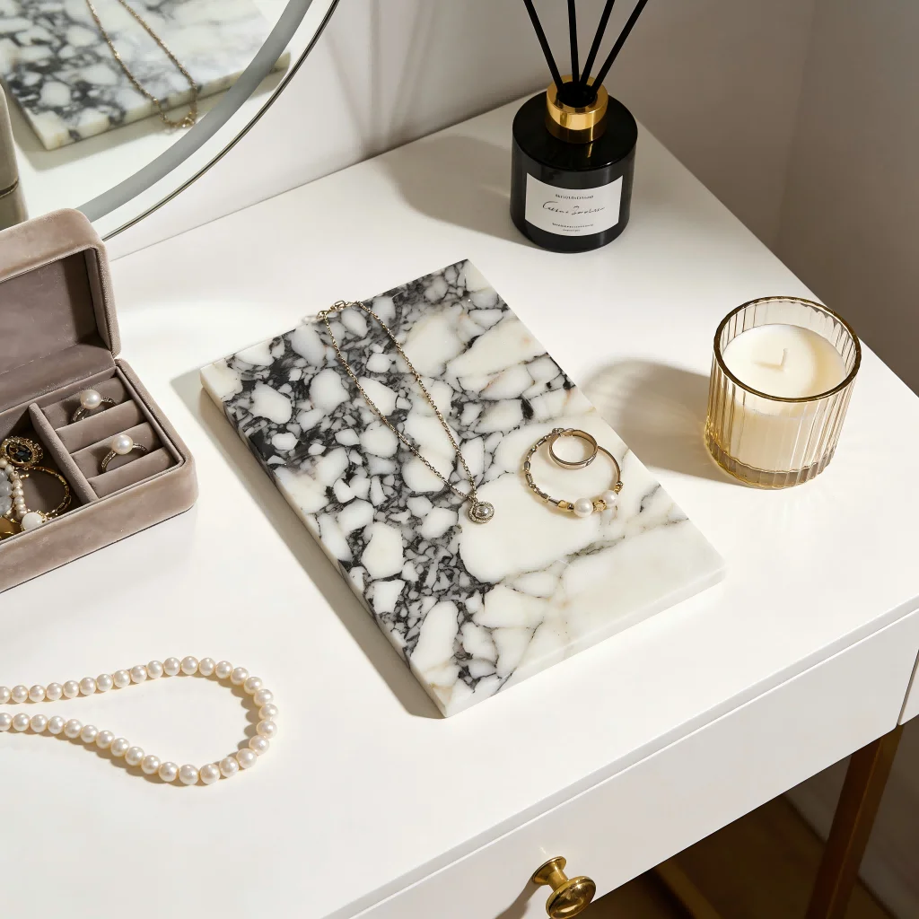 

Calacatta Viola Marble Jewelry Holder, Rustic Vanity Tray for Makeup & Rings, Non-Slip Coasters, Handmade Wabi Sabi Decor