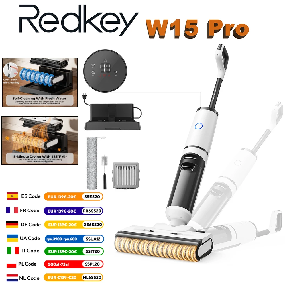 Redkey W15 Pro 3-in-1 Kabelloser Nass-Trocken-Staubsauger mit Selbstreinigung 55 ° C Trocknung 180 °   Flachliegende, doppelseitige Kantenreinigung 22kPa